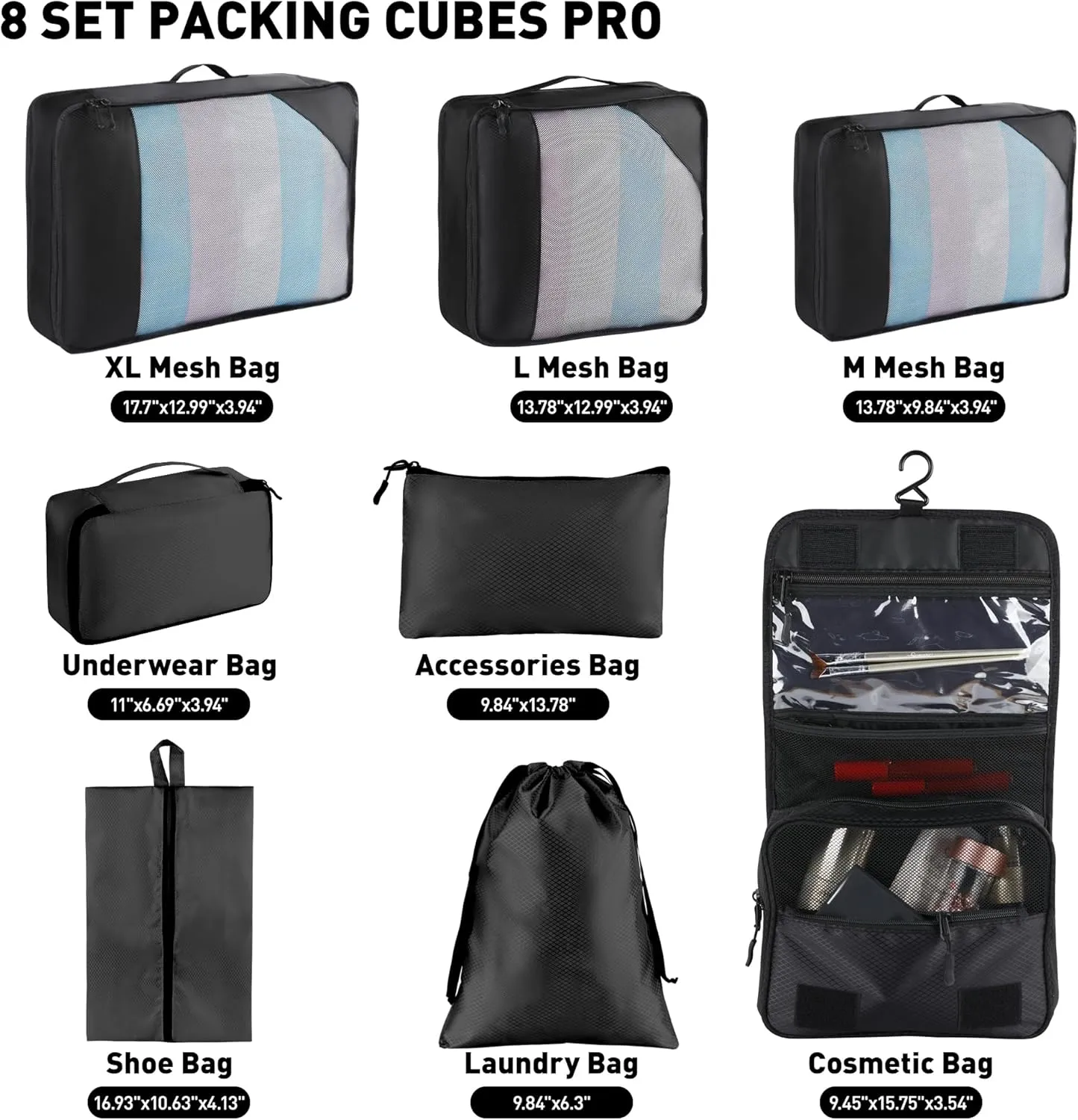 8 Set Packing Cubes for Travel Women Men Kids, Mesh Suitcase Organizer Bags Set for Luggage, 4 Sizes Extra Large, Large, Medium, Small, Travel Camping Essentials Accessories, Black