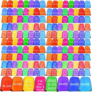 80 Pcs Religious Bible Verse Jesus Loves You Drawstring Backpack Bulk for Church, Conference, Homeless