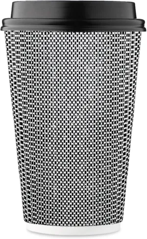 [85 SET]Harvest Pack 16 oz Disposable Coffee Cups, Insulated Ripple Double-Walled Paper Cups with Lids, Black and White Geometric, Drinking Cups for Tea Hot Chocolate Drinks To go coffee cups