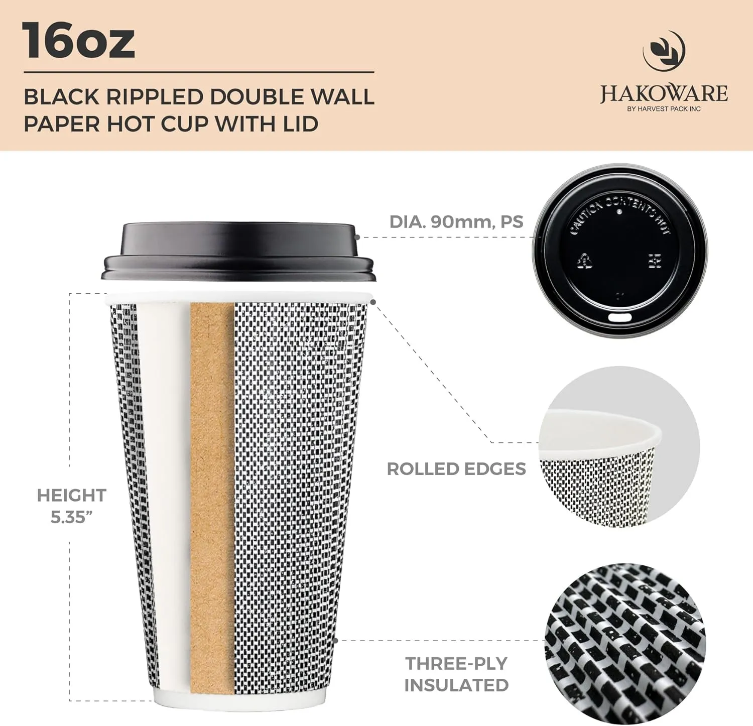 [85 SET]Harvest Pack 16 oz Disposable Coffee Cups, Insulated Ripple Double-Walled Paper Cups with Lids, Black and White Geometric, Drinking Cups for Tea Hot Chocolate Drinks To go coffee cups
