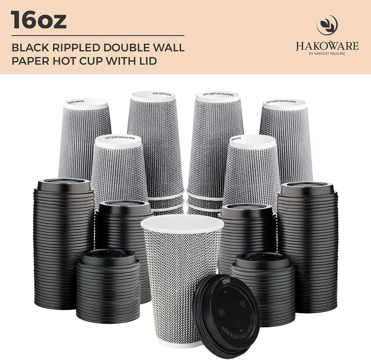 [85 SET]Harvest Pack 16 oz Disposable Coffee Cups, Insulated Ripple Double-Walled Paper Cups with Lids, Black and White Geometric, Drinking Cups for Tea Hot Chocolate Drinks To go coffee cups