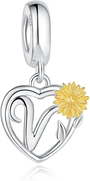 925 Sterling Silver Sunflower Pendant Letter Charms A~Z Alphabet Charm Letter Beads fit Pandora Bracelets fit Wife Mom Christmas Birthday Gift