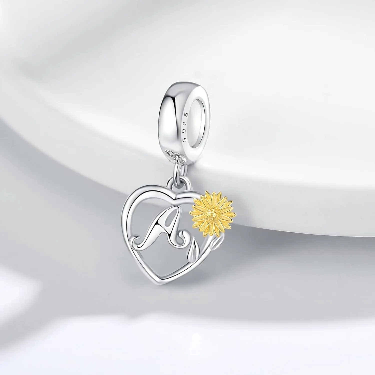 925 Sterling Silver Sunflower Pendant Letter Charms A~Z Alphabet Charm Letter Beads fit Pandora Bracelets fit Wife Mom Christmas Birthday Gift