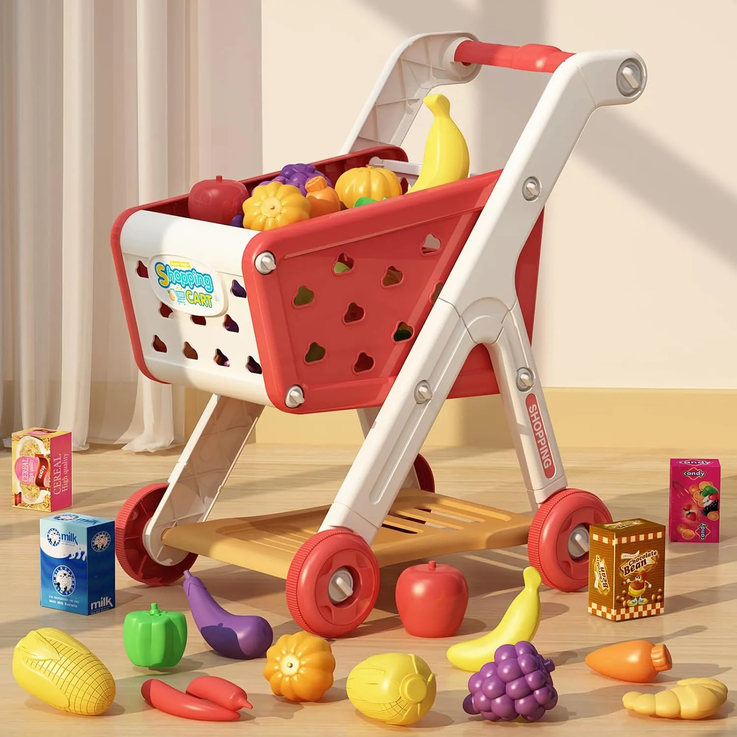 98pcs Kids Shopping Cart Trolley Play Set with Pretend Food and Accessories,Perfect for Ages 3  Pretend Play and Role-Playing Games (Red)