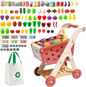 98pcs Kids Shopping Cart Trolley Play Set with Pretend Food and Accessories,Perfect for Ages 3  Pretend Play and Role-Playing Games (Red)