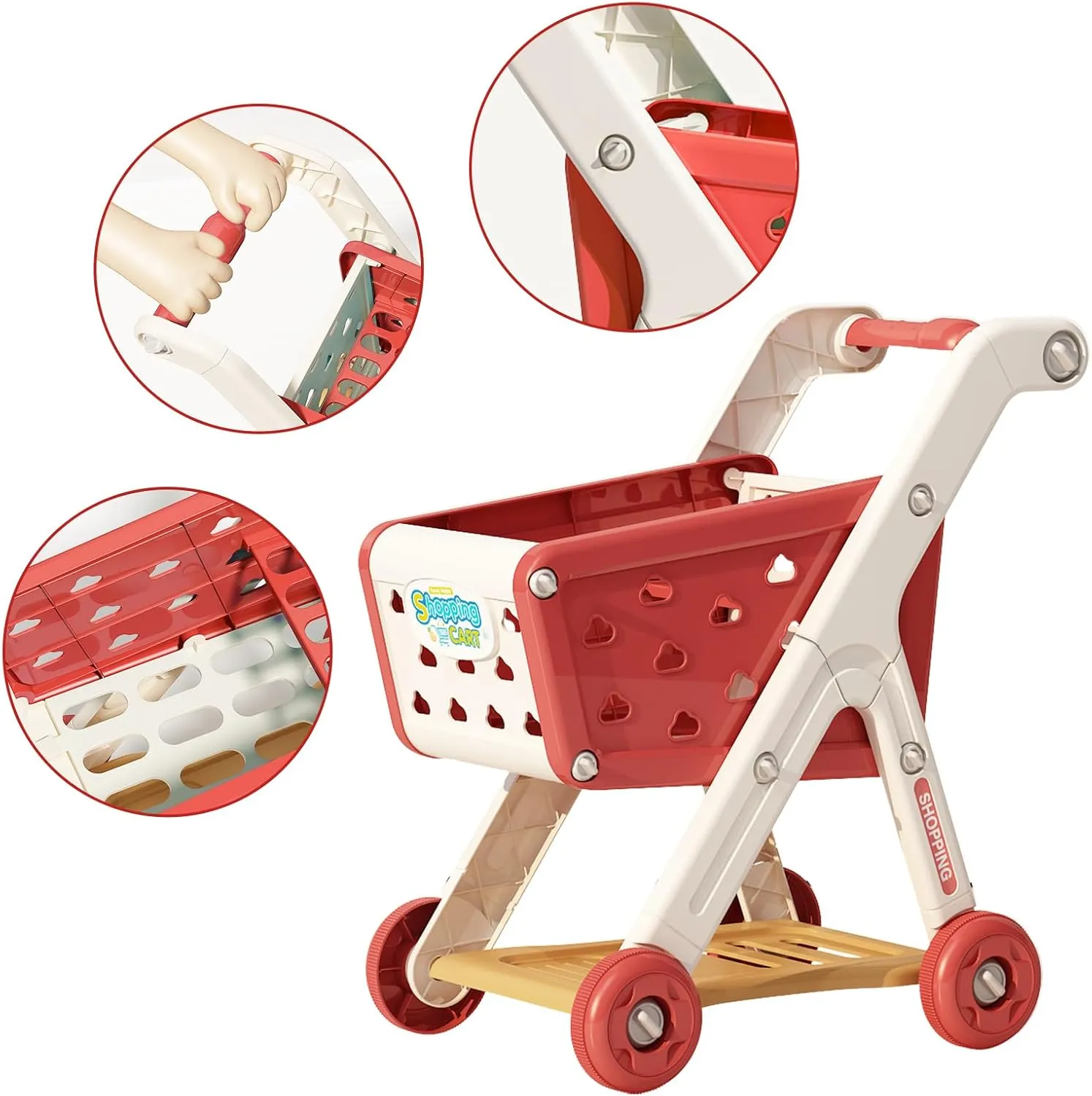 98pcs Kids Shopping Cart Trolley Play Set with Pretend Food and Accessories,Perfect for Ages 3  Pretend Play and Role-Playing Games (Red)