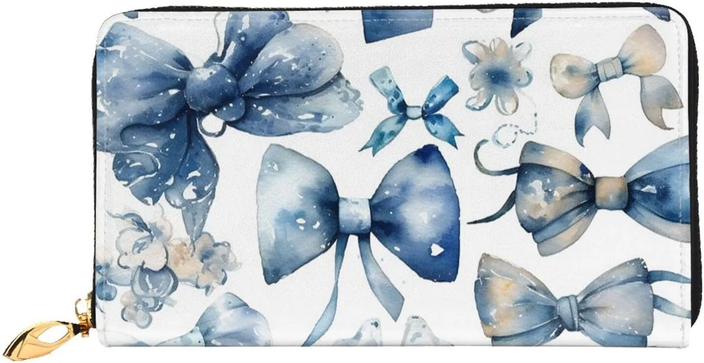 A Set Of Blue Bows Leather Wallets For Women Waterproof Zip Around Clutch Purses Large Credit Card Holder With Phone Holder Ladies Travel Coin Purse