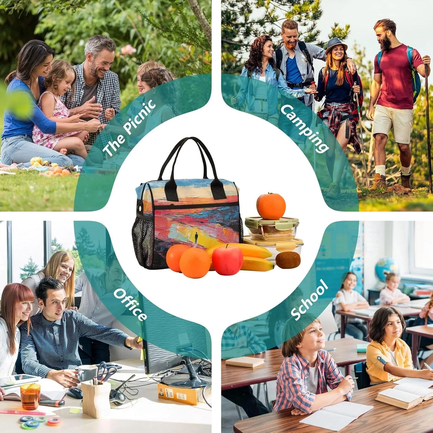 Adult Lunch Box Insulated Lunch Bag Abstract Character and Wilderness Oil Painting Large Cooler Tote Bag for Work Picnic or Travel with Adjustable Shoulder Strap