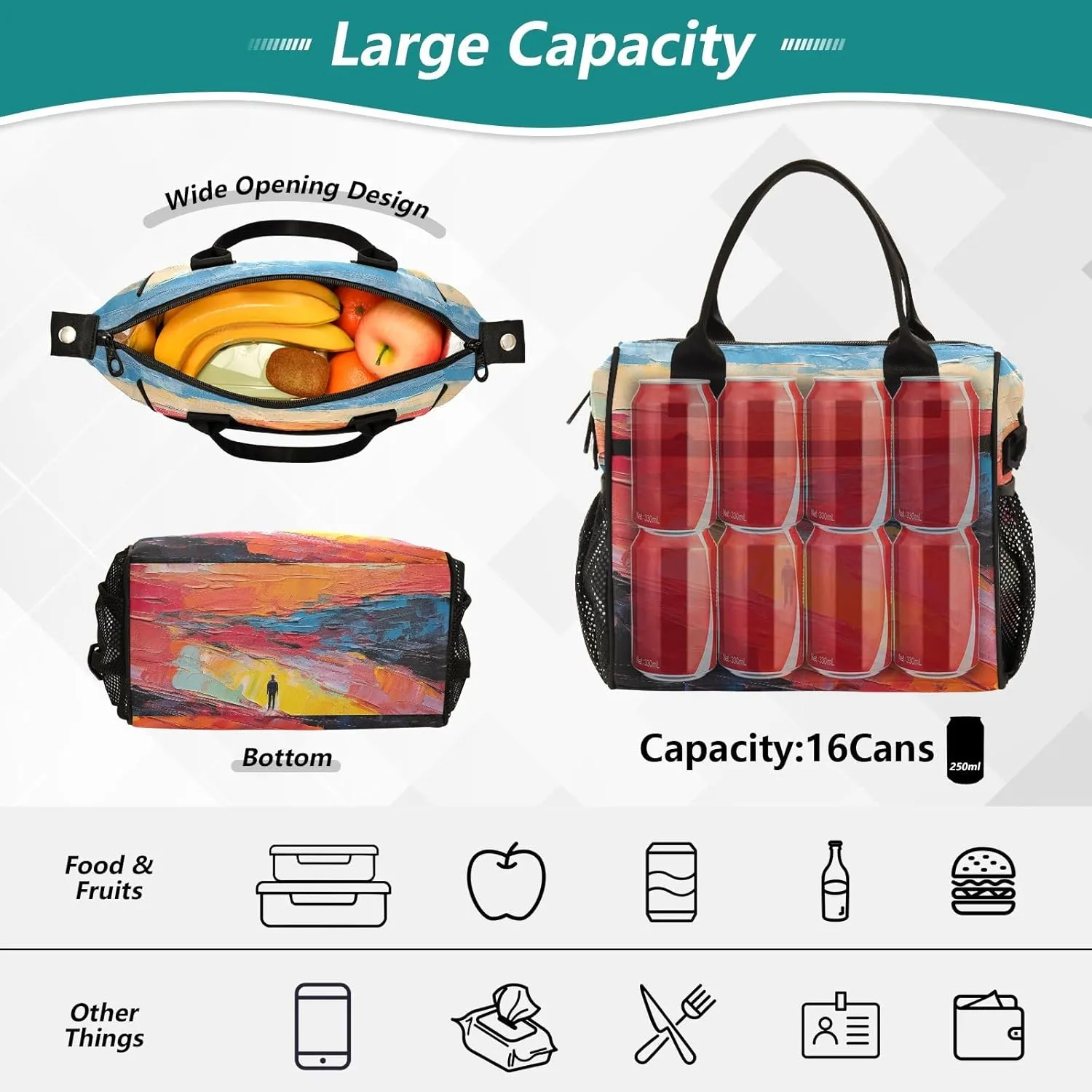 Adult Lunch Box Insulated Lunch Bag Abstract Character and Wilderness Oil Painting Large Cooler Tote Bag for Work Picnic or Travel with Adjustable Shoulder Strap