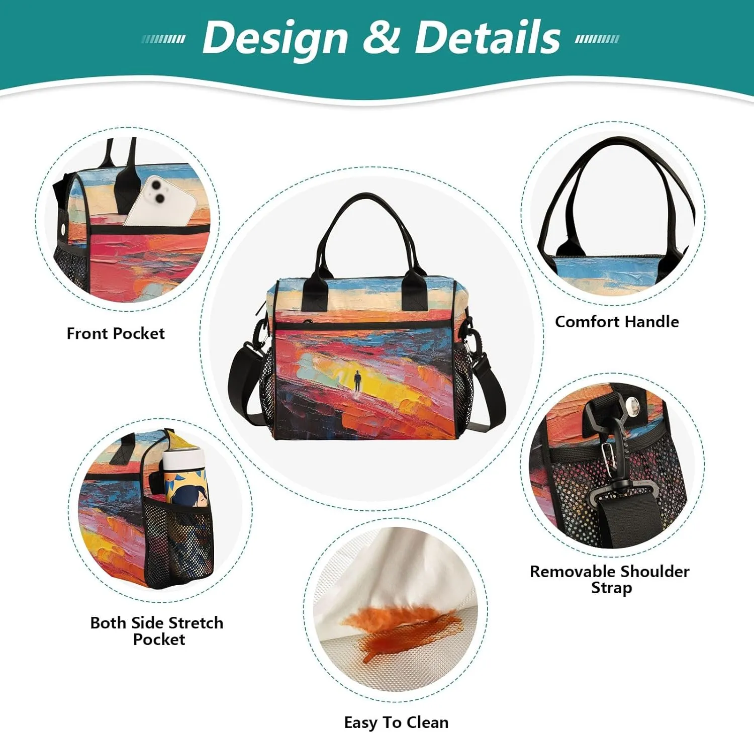 Adult Lunch Box Insulated Lunch Bag Abstract Character and Wilderness Oil Painting Large Cooler Tote Bag for Work Picnic or Travel with Adjustable Shoulder Strap