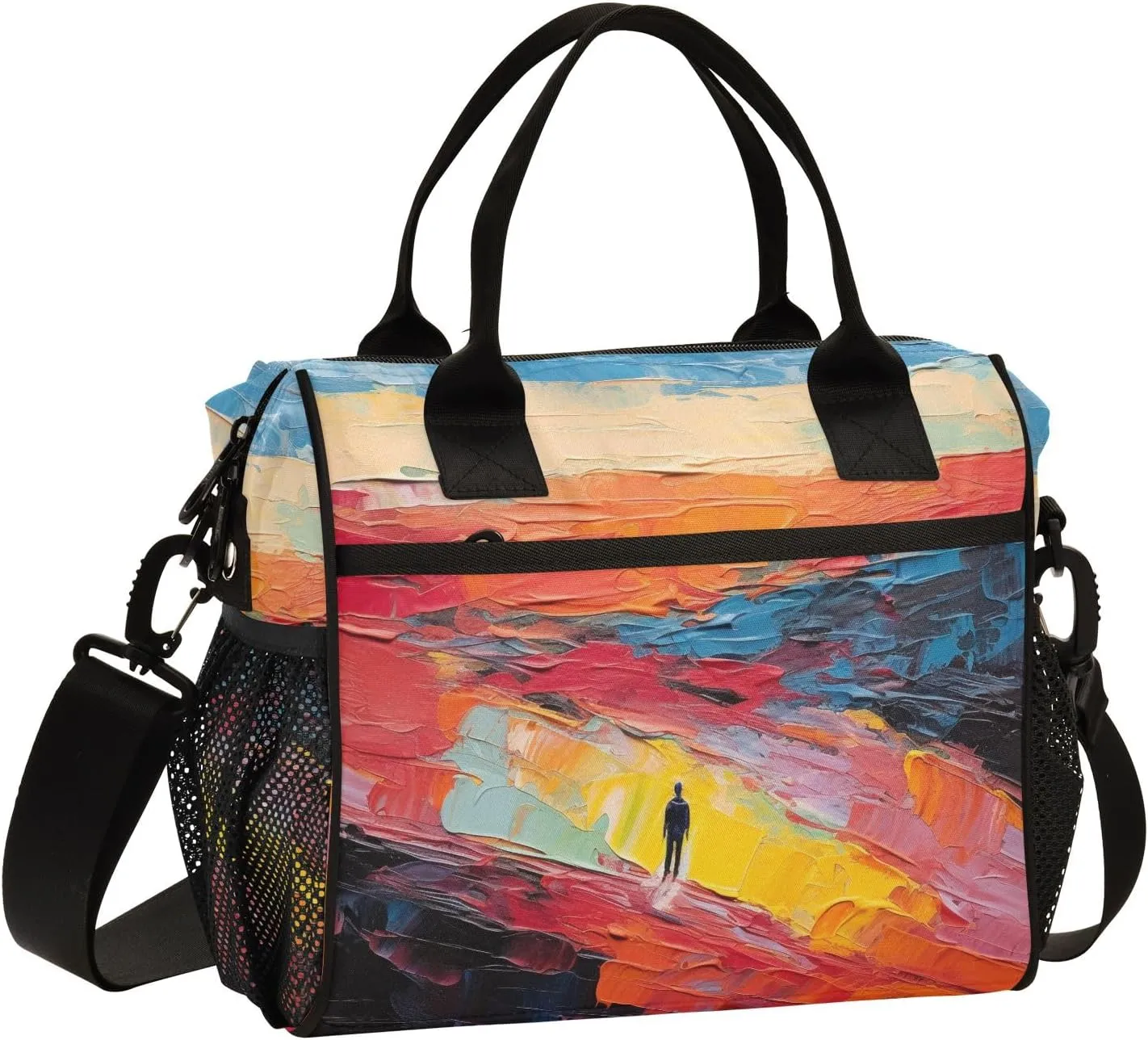 Adult Lunch Box Insulated Lunch Bag Abstract Character and Wilderness Oil Painting Large Cooler Tote Bag for Work Picnic or Travel with Adjustable Shoulder Strap