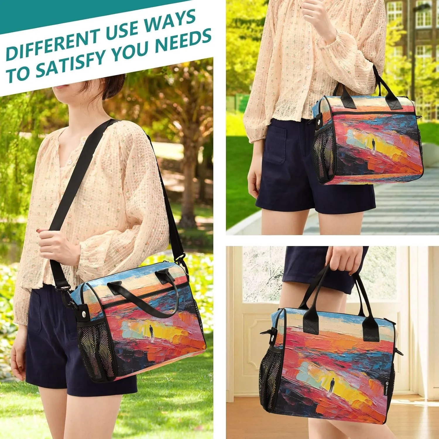 Adult Lunch Box Insulated Lunch Bag Abstract Character and Wilderness Oil Painting Large Cooler Tote Bag for Work Picnic or Travel with Adjustable Shoulder Strap