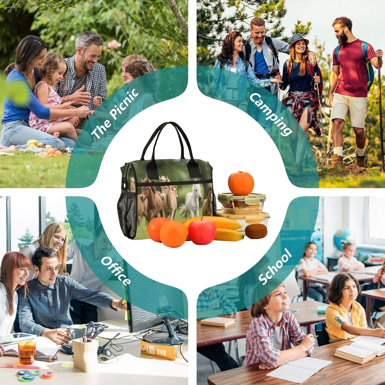 Adult Lunch Box Insulated Lunch Bag Herd Of Ponies Running Cooler Tote Bag for Work Picnic or Travel