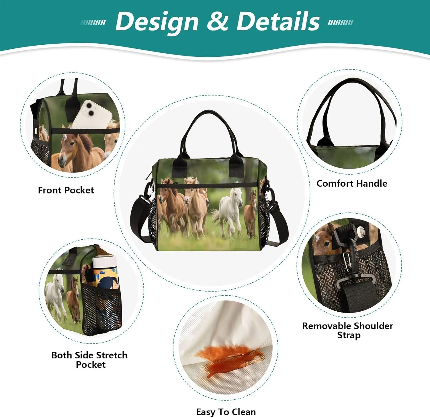 Adult Lunch Box Insulated Lunch Bag Herd Of Ponies Running Cooler Tote Bag for Work Picnic or Travel
