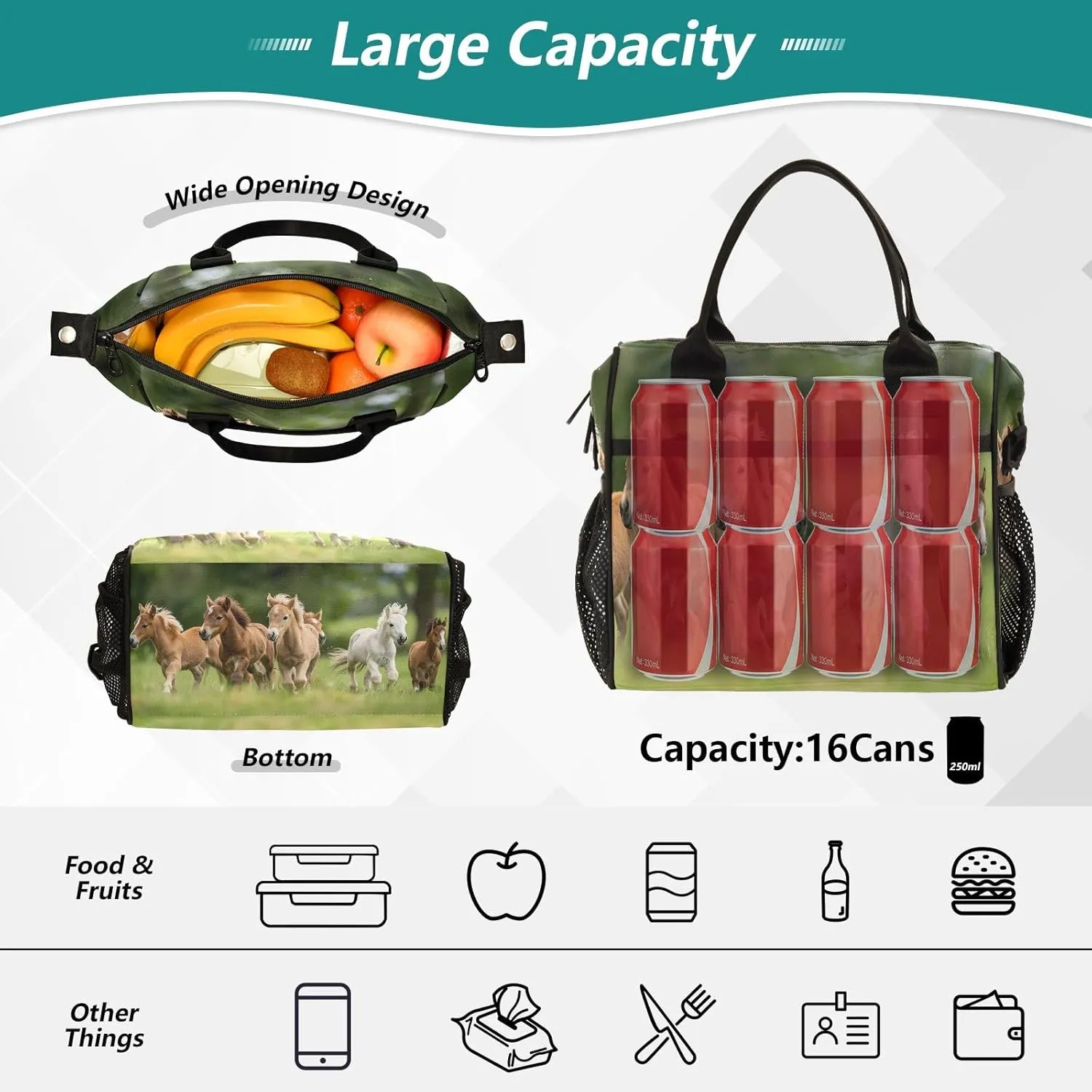 Adult Lunch Box Insulated Lunch Bag Herd Of Ponies Running Cooler Tote Bag for Work Picnic or Travel