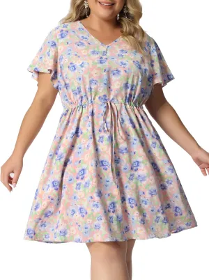 Agnes Orinda Plus Size Dress for Women Summer V Neck Drawstring Waist Flowy Floral Dress 2023