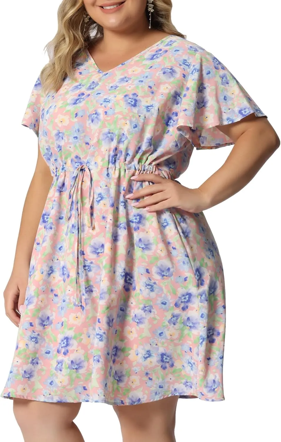Agnes Orinda Plus Size Dress for Women Summer V Neck Drawstring Waist Flowy Floral Dress 2023