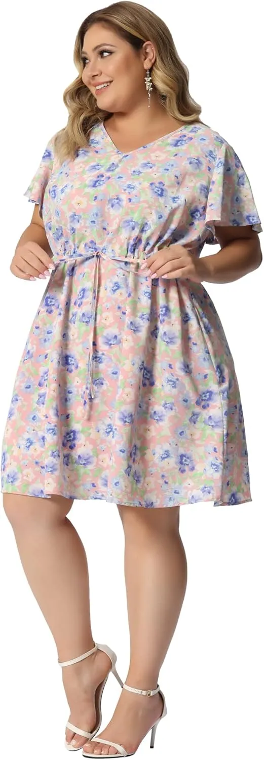 Agnes Orinda Plus Size Dress for Women Summer V Neck Drawstring Waist Flowy Floral Dress 2023
