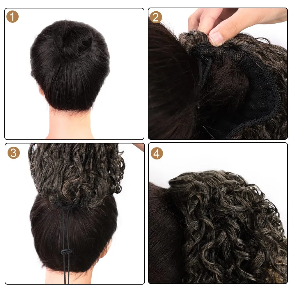 AISI BEAUTY Curly Ponytail Extension Drawstring Ponytail for Black Women 14 Inch Short Synthetic Hairpieces with 2 Clips on (Mix Light Brown)