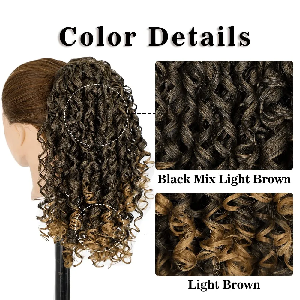 AISI BEAUTY Curly Ponytail Extension Drawstring Ponytail for Black Women 14 Inch Short Synthetic Hairpieces with 2 Clips on (Mix Light Brown)