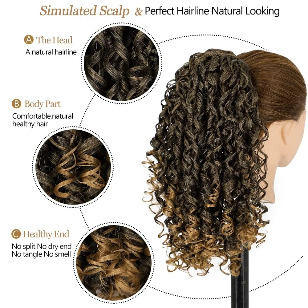 AISI BEAUTY Curly Ponytail Extension Drawstring Ponytail for Black Women 14 Inch Short Synthetic Hairpieces with 2 Clips on (Mix Light Brown)