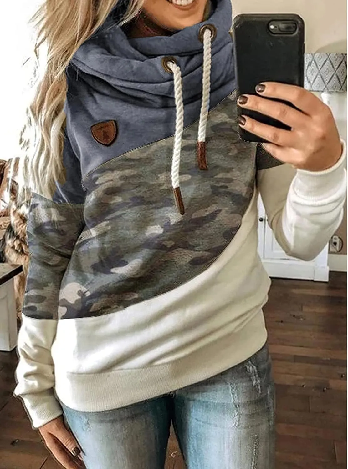 Akivide Women's Casual Cowl Neck Pullover Hoodie Color Block Graphic Long Sleeve Drawstring Hooded Sweatshirt Tops