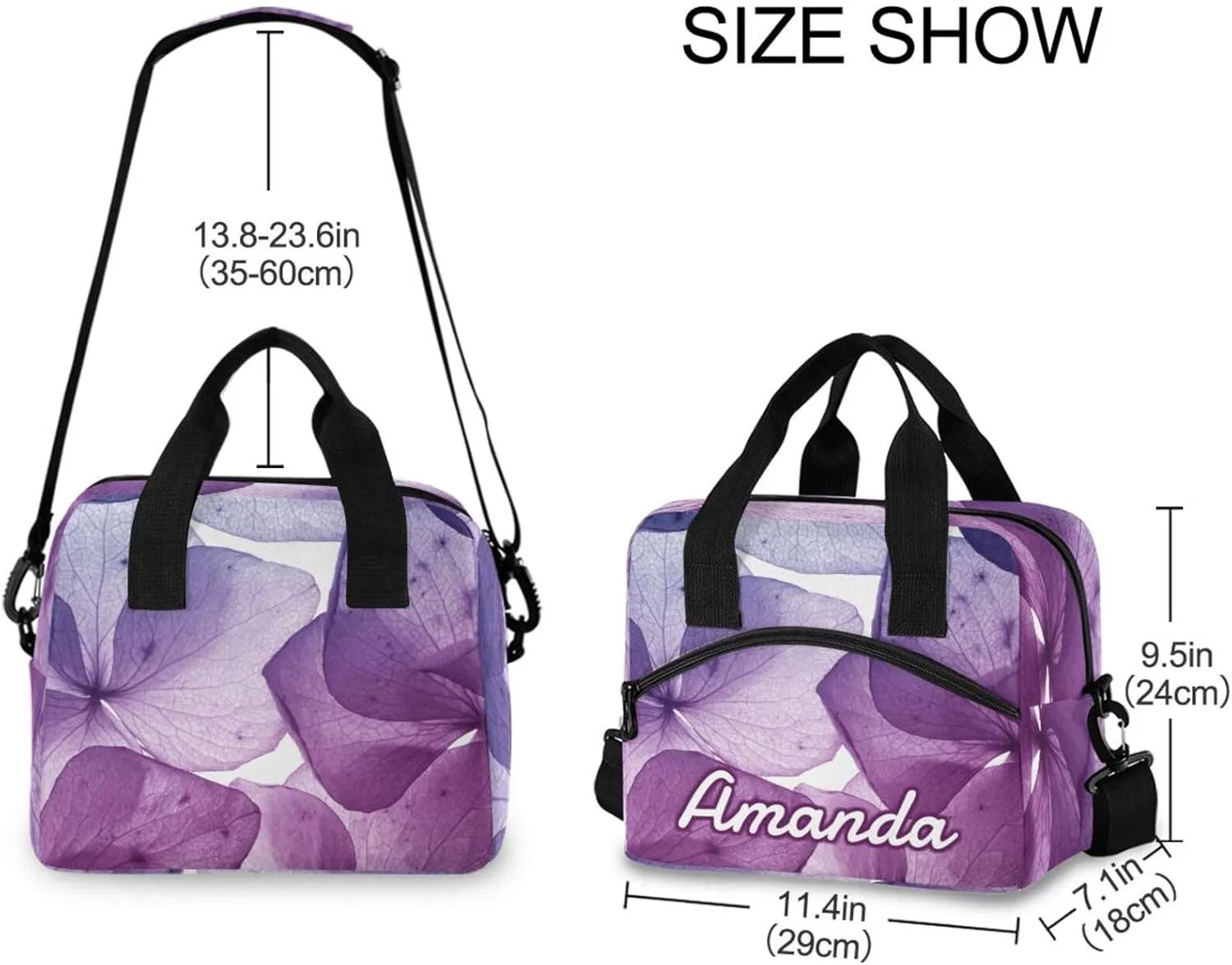 ALAZA Custom Tropical Purple Flower Petals Lunch Bag Personalized Name Custom Lunch Box for Women Men Insulated Reusable Tote Bag Adjustable Shoulder Strap Cooler Bag