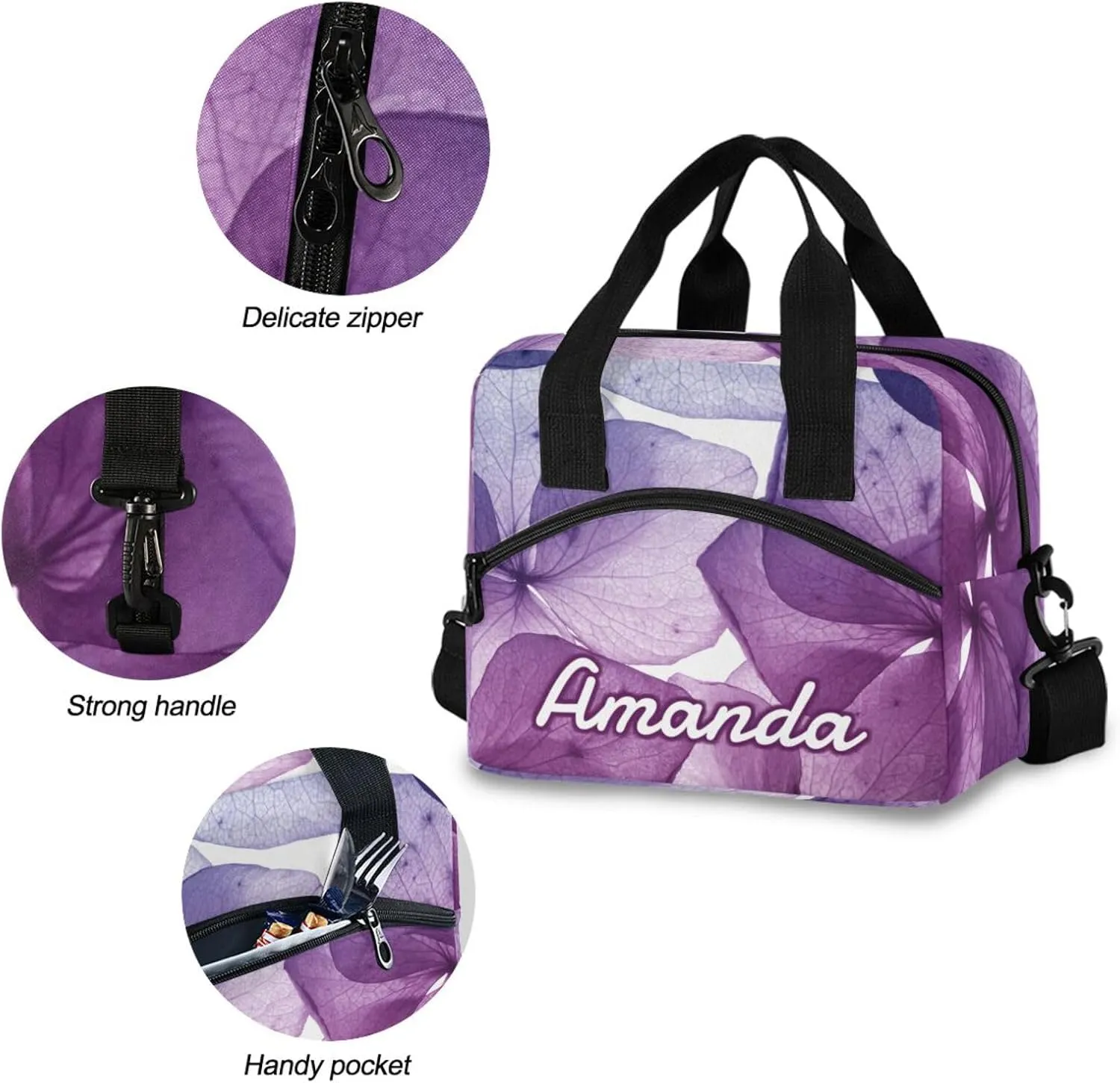 ALAZA Custom Tropical Purple Flower Petals Lunch Bag Personalized Name Custom Lunch Box for Women Men Insulated Reusable Tote Bag Adjustable Shoulder Strap Cooler Bag