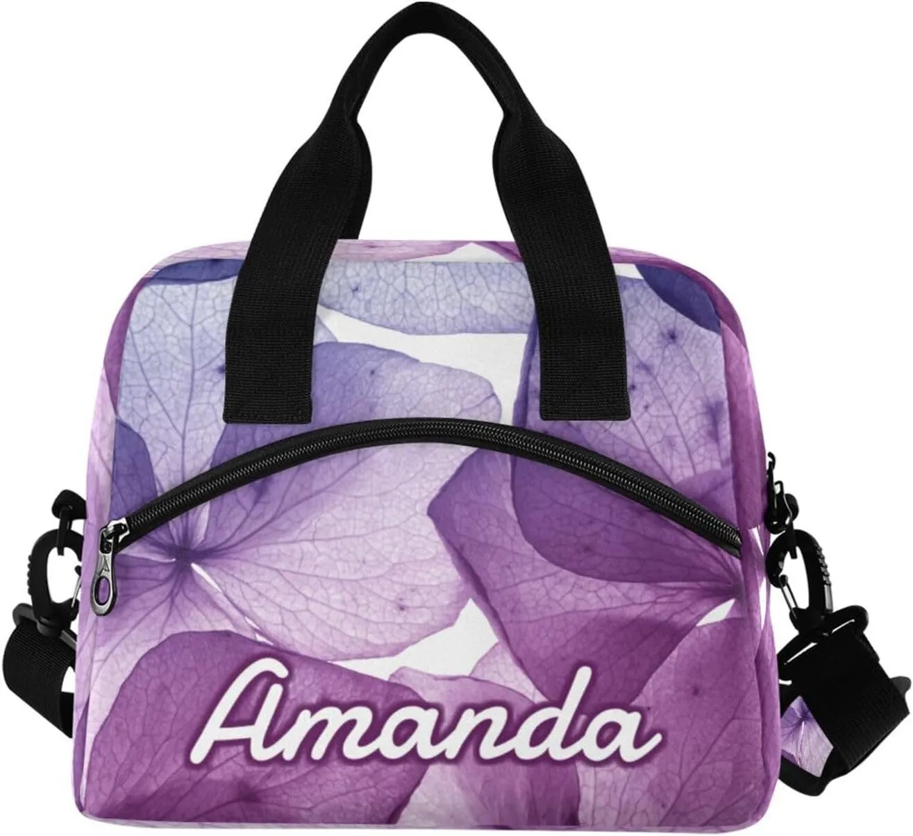 ALAZA Custom Tropical Purple Flower Petals Lunch Bag Personalized Name Custom Lunch Box for Women Men Insulated Reusable Tote Bag Adjustable Shoulder Strap Cooler Bag