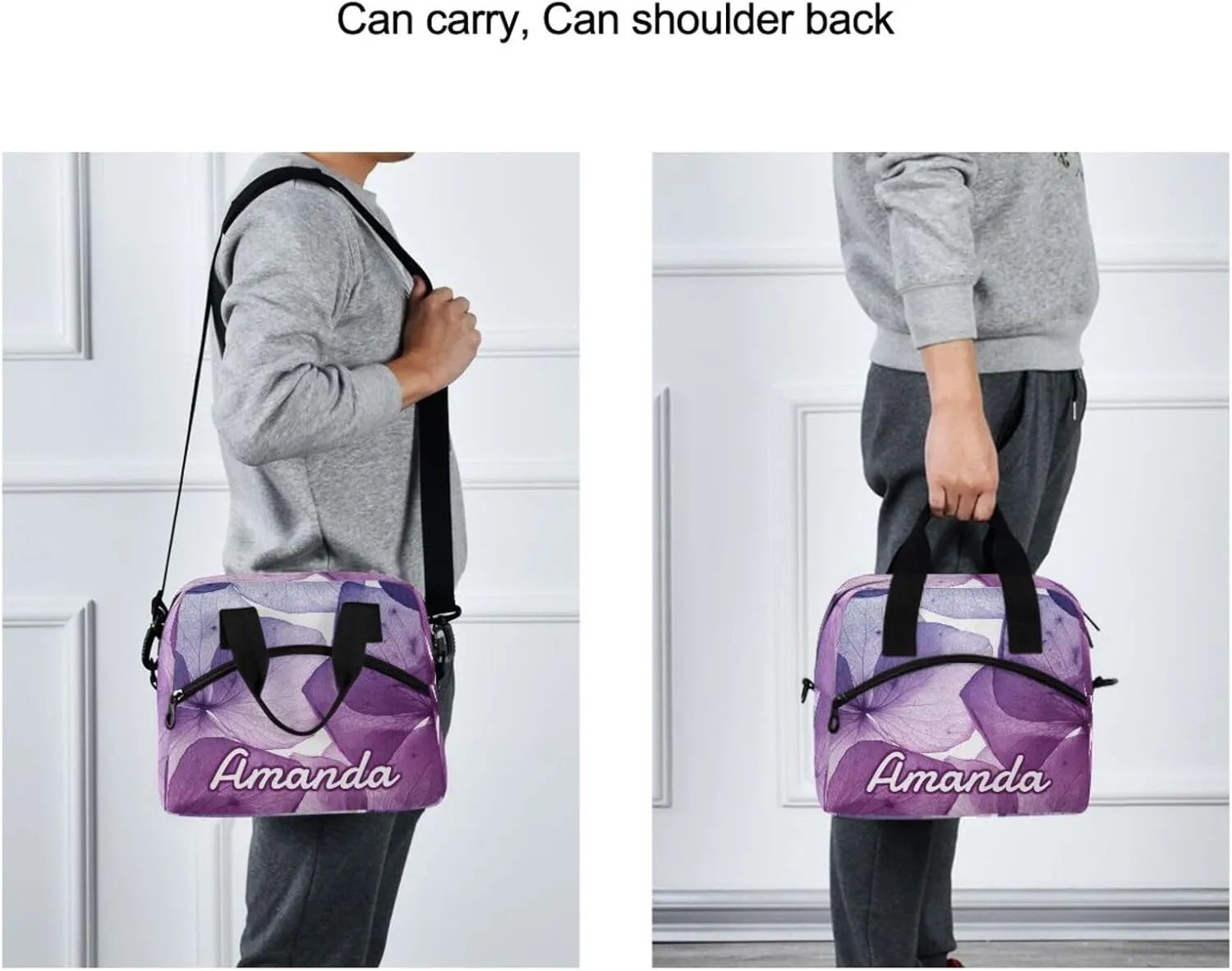 ALAZA Custom Tropical Purple Flower Petals Lunch Bag Personalized Name Custom Lunch Box for Women Men Insulated Reusable Tote Bag Adjustable Shoulder Strap Cooler Bag