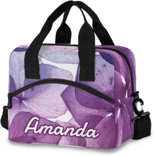 ALAZA Custom Tropical Purple Flower Petals Lunch Bag Personalized Name Custom Lunch Box for Women Men Insulated Reusable Tote Bag Adjustable Shoulder Strap Cooler Bag