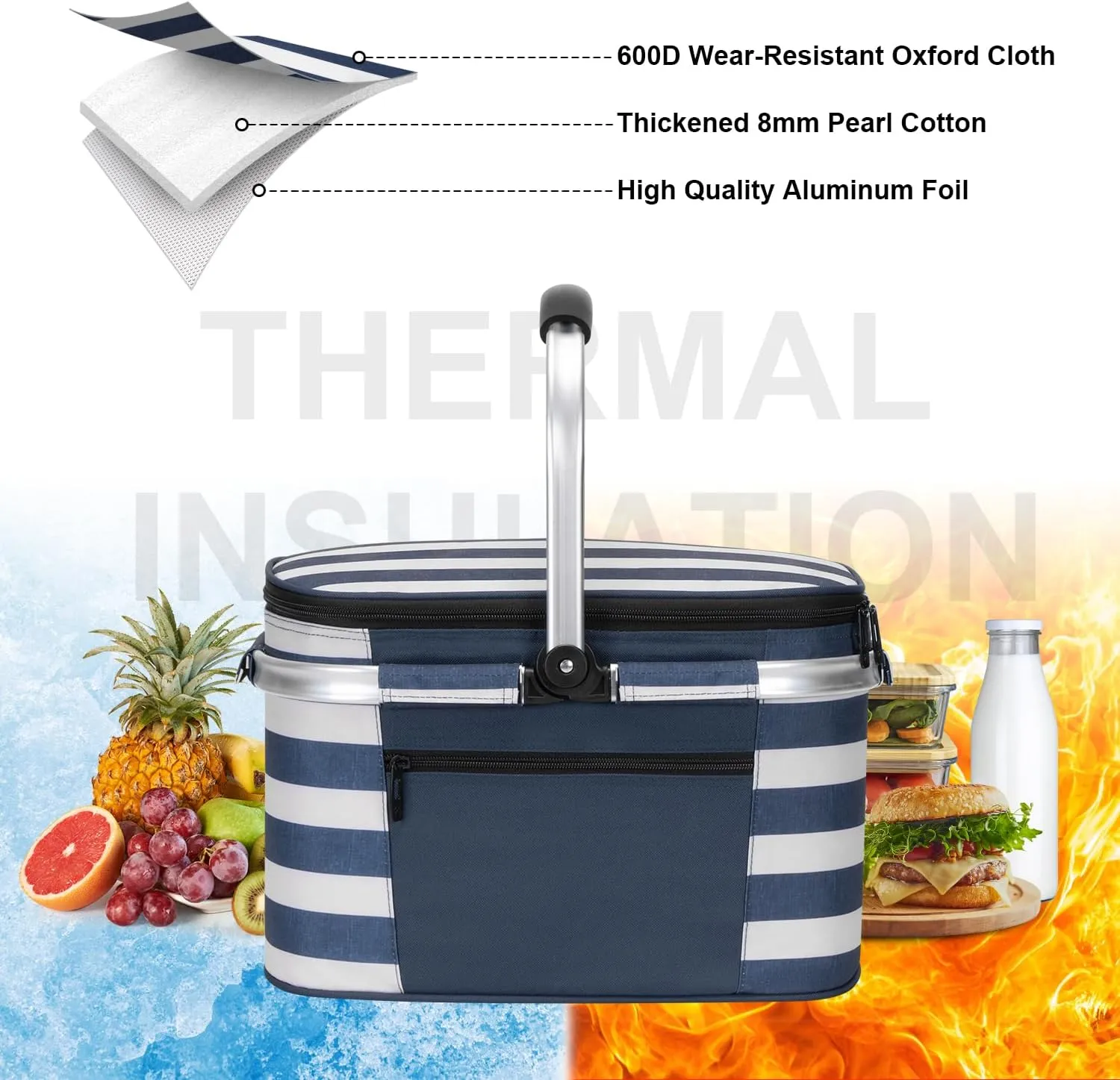 ALLCAMP Insulated Picnic Baskets Shoping Basket Cooler Bag Collapsible Portable Picnic Basket (Blue White Stripe)