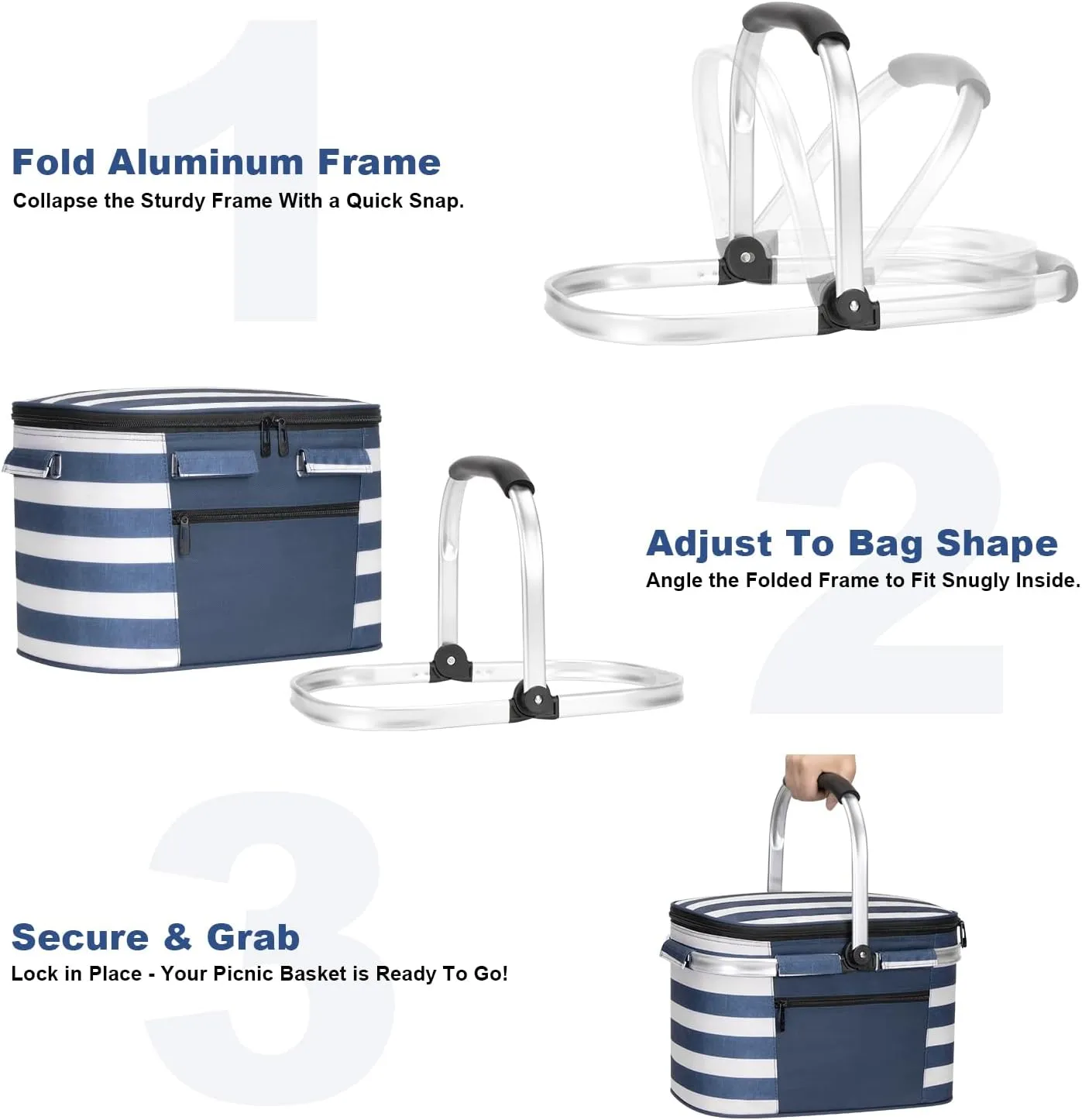 ALLCAMP Insulated Picnic Baskets Shoping Basket Cooler Bag Collapsible Portable Picnic Basket (Blue White Stripe)
