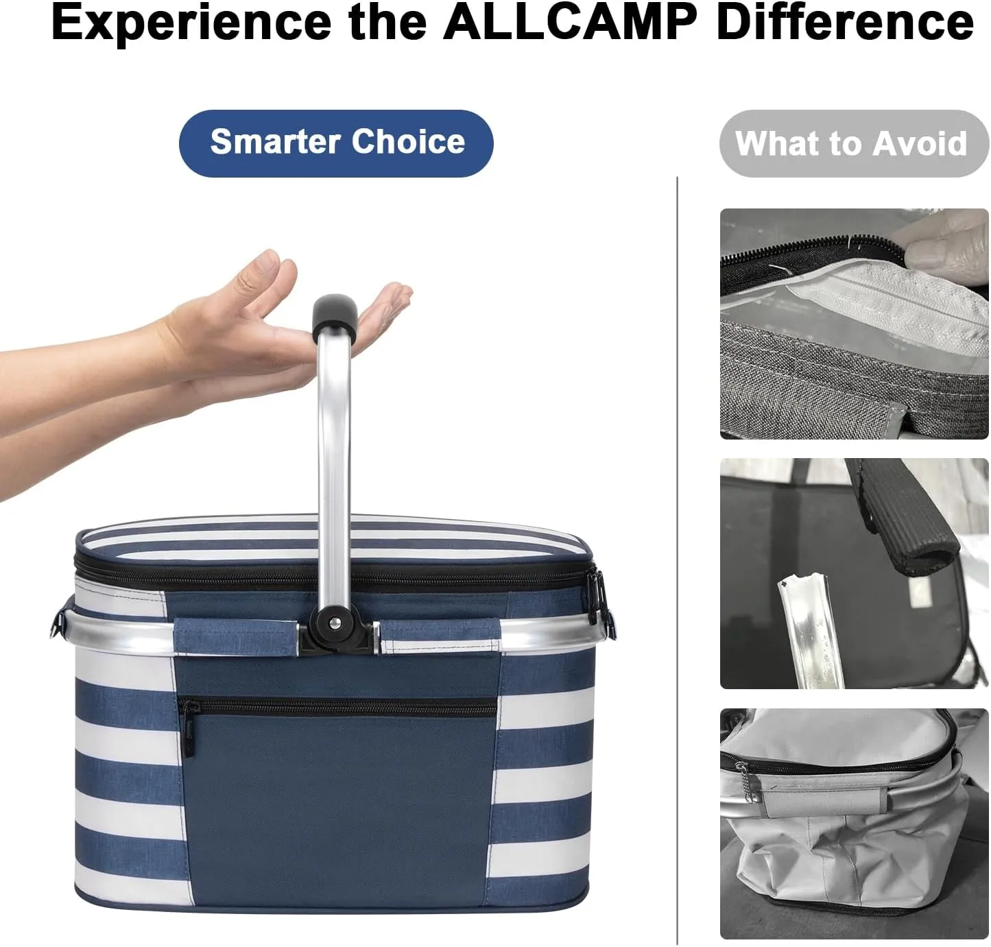 ALLCAMP Insulated Picnic Baskets Shoping Basket Cooler Bag Collapsible Portable Picnic Basket (Blue White Stripe)