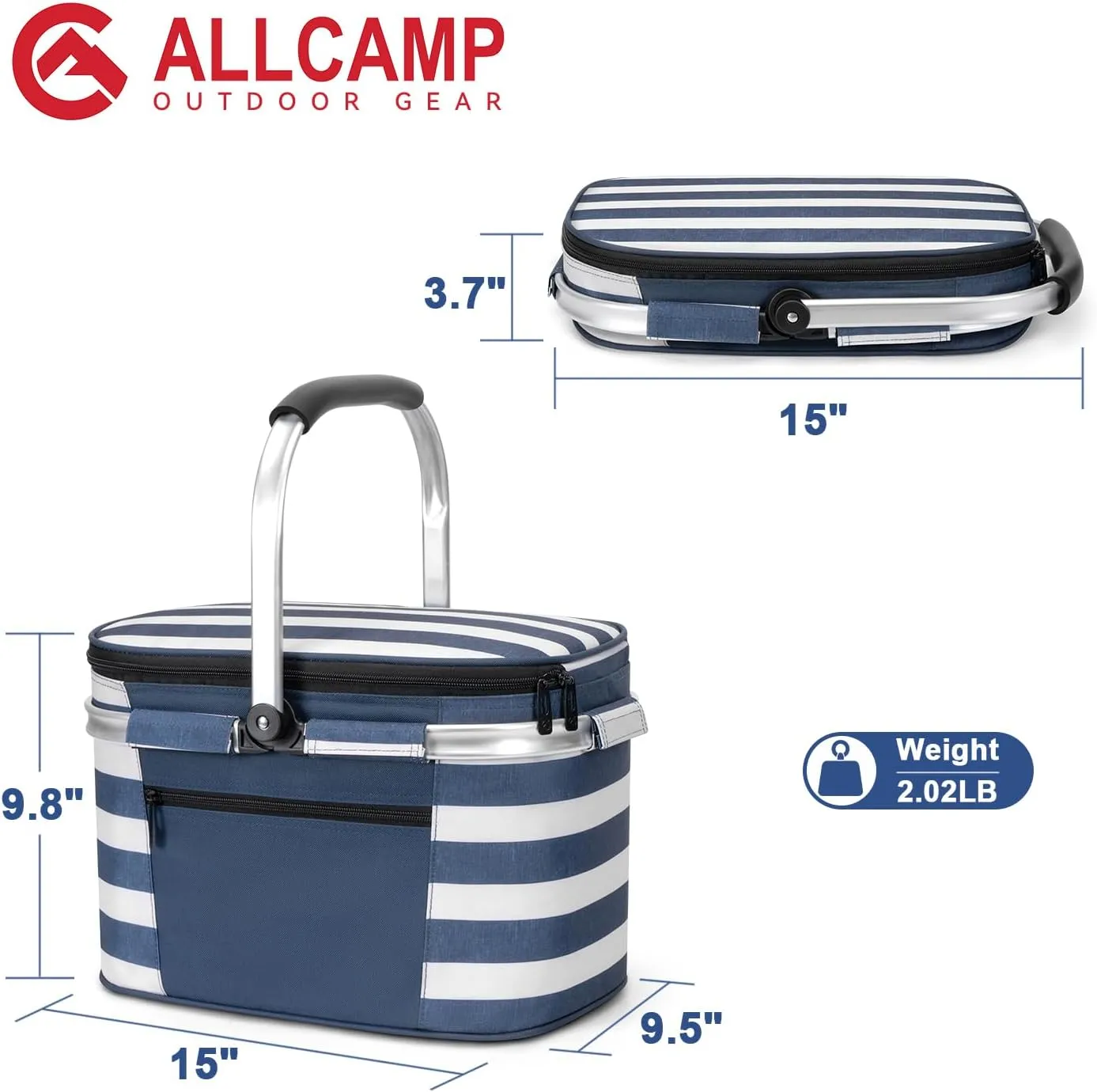 ALLCAMP Insulated Picnic Baskets Shoping Basket Cooler Bag Collapsible Portable Picnic Basket (Blue White Stripe)