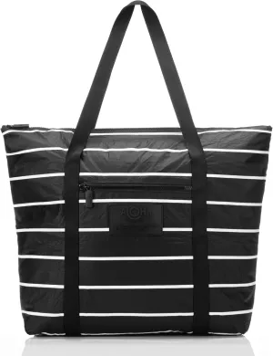 ALOHA Collection Pinstripe Zipper Tote in White on Black | Lightweight, Packable, and Splash-Proof Beach Tote Bag | Easy to Clean