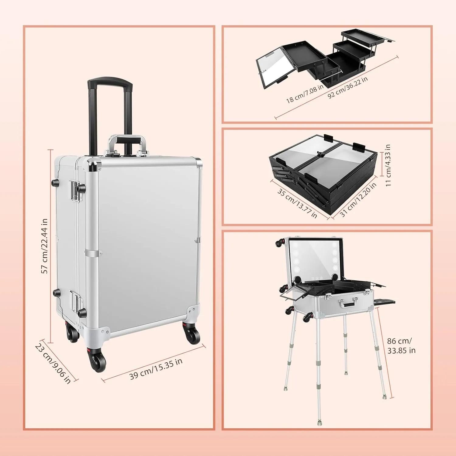 Aluminum Trolley Makeup Train Case with Led Light Rolling Makeup Case with Legs Suitcase Vanity with Lights with Stand Mirror Makeup Vanity Station