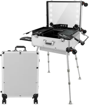 Aluminum Trolley Makeup Train Case with Led Light Rolling Makeup Case with Legs Suitcase Vanity with Lights with Stand Mirror Makeup Vanity Station