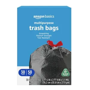Amazon Basics 30 Gallon Flextra Strength Multipurpose Drawstring Trash Bags, 20% Post Consumer Recycled, 50 count.