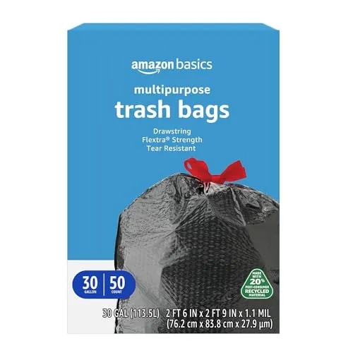 Amazon Basics 30 Gallon Flextra Strength Multipurpose Drawstring Trash Bags, 20% Post Consumer Recycled, 50 count.