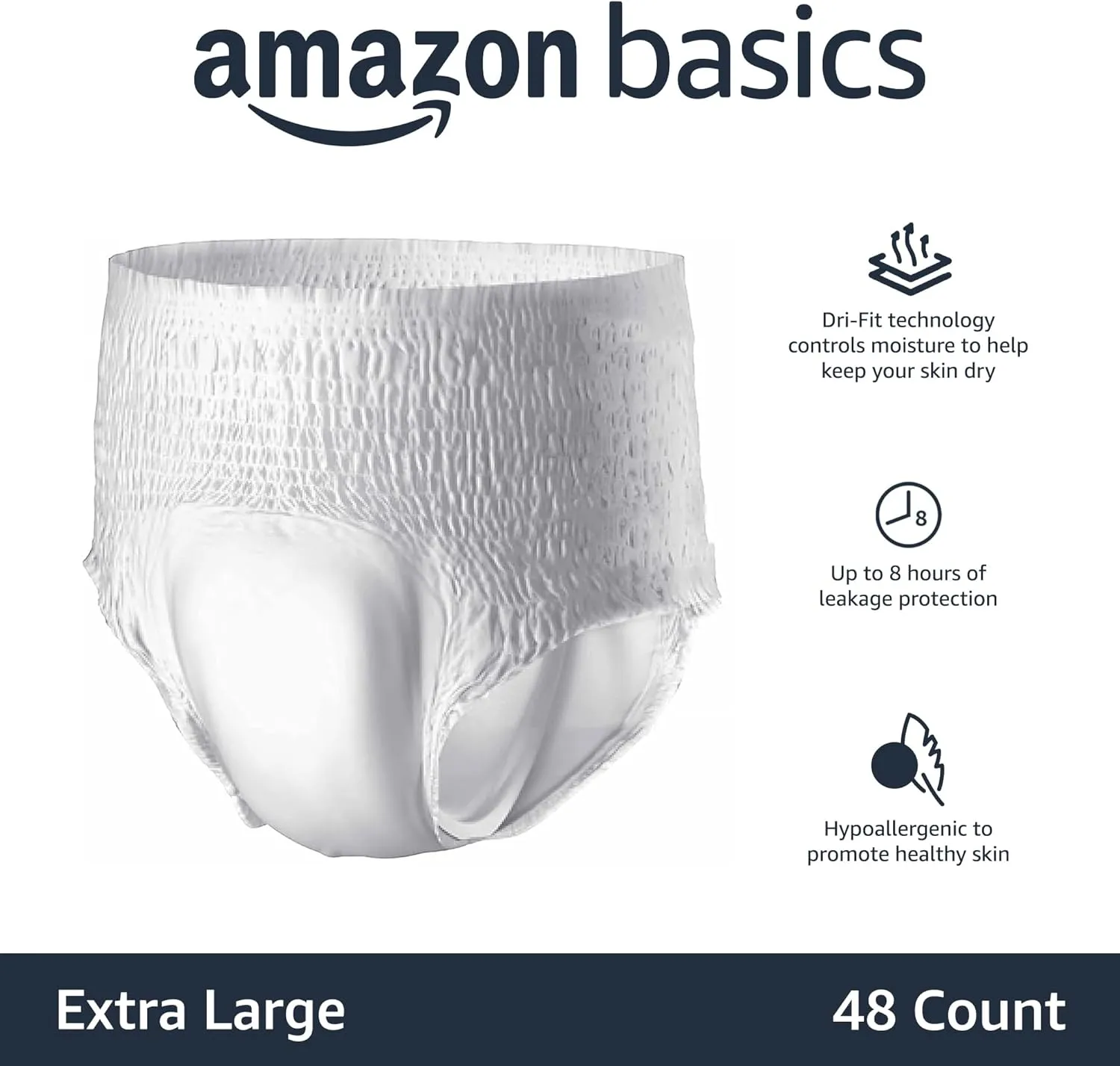 Amazon Basics Unisex Protective Underwear, Overnight Absorbency, Extra Large, 48 Count, (4 Packs of 12)