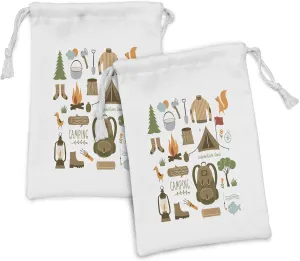 Ambesonne Adventure Fabric Pouch Set of 2, Camping Equipment Sleeping Bag Boots Campfire Shovel Hatchet Log Artwork Print, Small Drawstring Bag for Toiletries Masks and Favors, 9" x 6", Multicolor