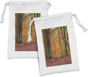 Ambesonne Autumn Fabric Pouch Set of 2, Fall Forest Shady Deciduous Trees and Faded Leaf Magic Woodland Picture, Small Drawstring Bag for Toiletries Masks and Favors, 9" x 6", Apricot Brown Red