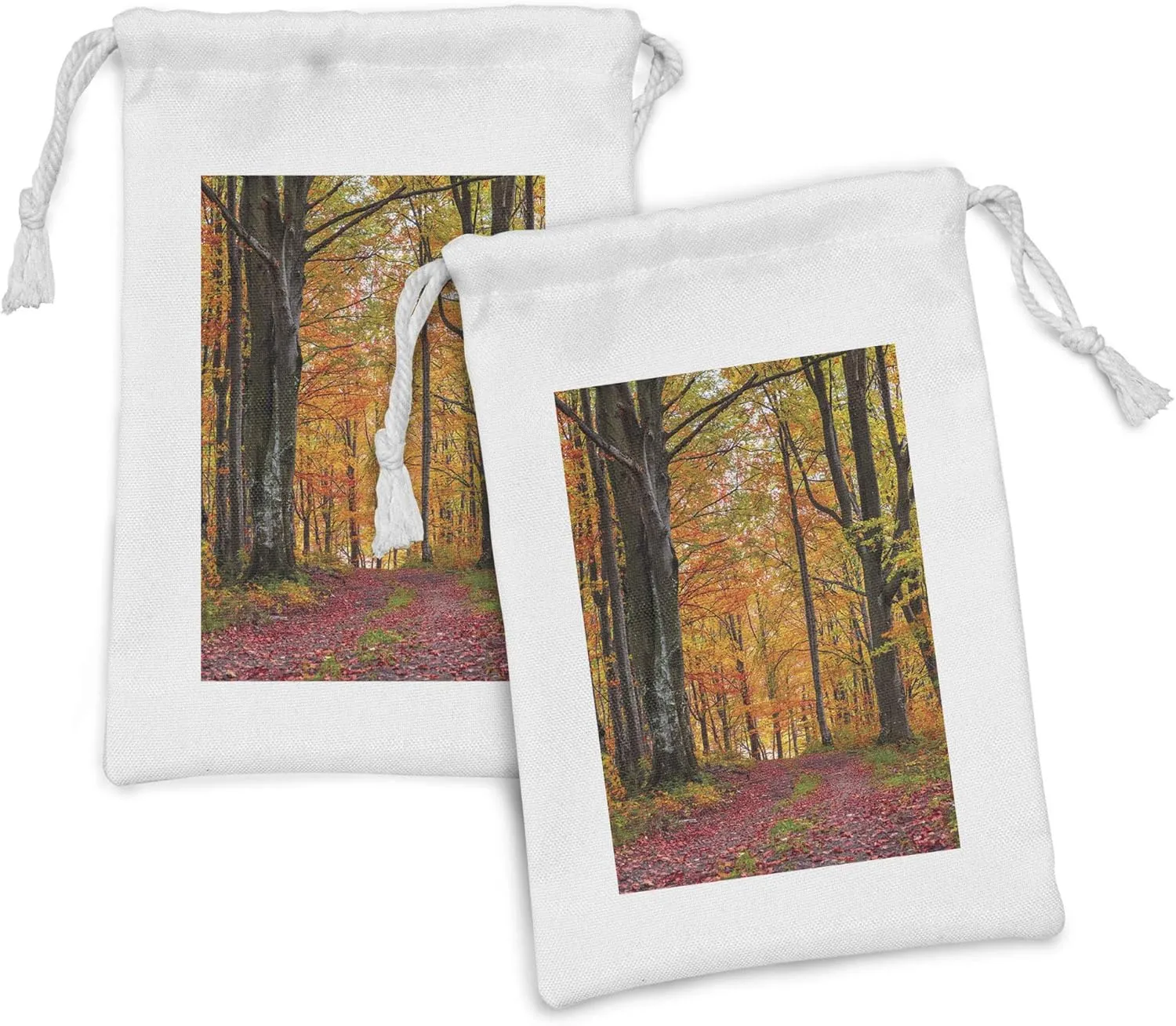 Ambesonne Autumn Fabric Pouch Set of 2, Fall Forest Shady Deciduous Trees and Faded Leaf Magic Woodland Picture, Small Drawstring Bag for Toiletries Masks and Favors, 9" x 6", Apricot Brown Red