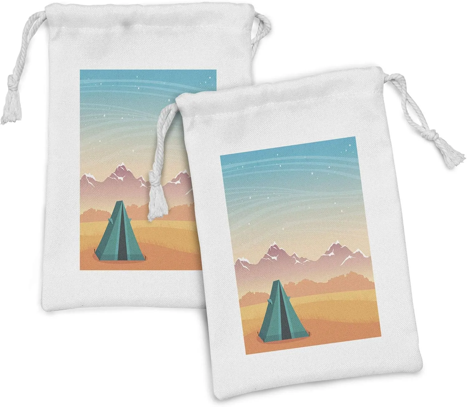 Ambesonne Camping Fabric Pouch Set of 2, Travel Tent on a Barren Rural Autumn Field Distant Snowy Mountains and Starry Sky, Small Drawstring Bag for Toiletries Masks and Favors, 9" x 6", Multicolor