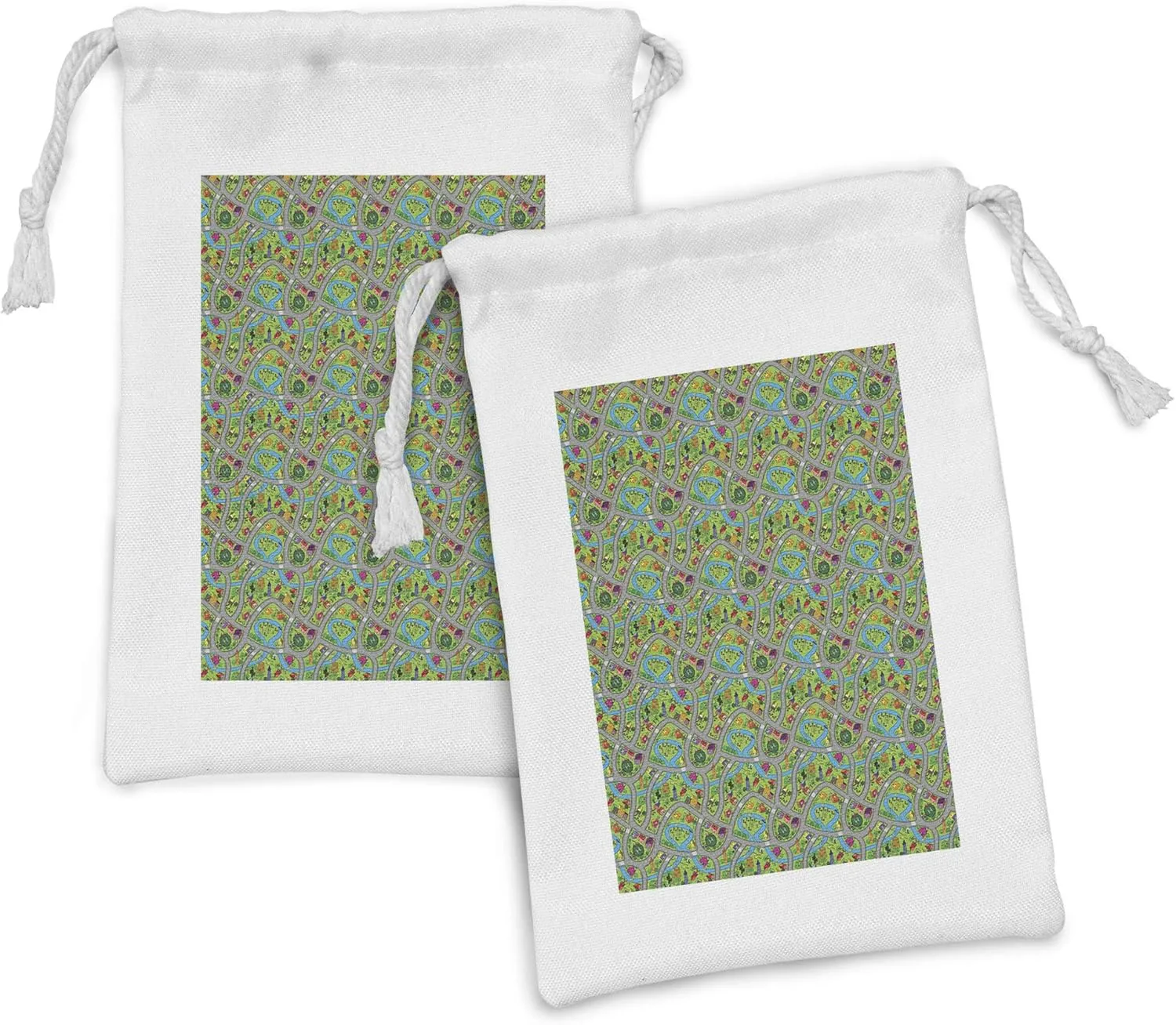 Ambesonne Car Race Track Fabric Pouch Set of 2, Hand-Drawn Style Suburb Cartoon Roadway Activity Design Neighborhood, Small Drawstring Bag for Toiletries Masks and Favors, 9" x 6", Multicolor