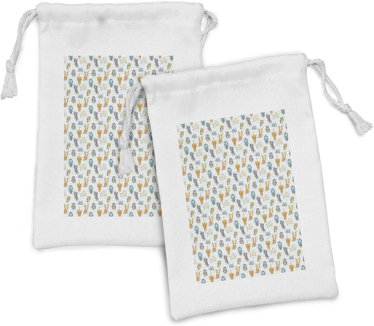 Ambesonne Cartoon Fabric Pouch Set of 2, Demonstration of Animals Kitten Puppy Fox Owls Fun Times Floral Background, Small Drawstring Bag for Toiletries Masks and Favors, 9" x 6", Multicolor