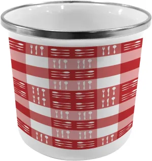 Ambesonne Checkered Steel Camping Mug, Cutlery Silhouettes on Squares Dining Picnic Tile Spoons Forks Dinner, Printed Thermal Cup for Camping and Outdoor Activities, Coral Dark Coral White