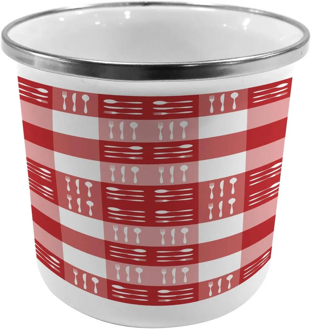 Ambesonne Checkered Steel Camping Mug, Cutlery Silhouettes on Squares Dining Picnic Tile Spoons Forks Dinner, Printed Thermal Cup for Camping and Outdoor Activities, Coral Dark Coral White