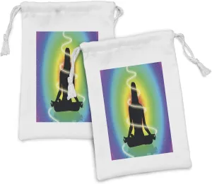 Ambesonne Colorful Fabric Pouch Set of 2, Smooth Transitioned Rainbow Colors in Concentric Form and Mediating Lady, Small Drawstring Bag for Toiletries Masks and Favors, 9" x 6", Multicolor